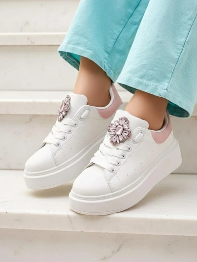 Ženski sneakersi Hypatia Bianco iz eko usnja z okrasjem in roza poudarkom