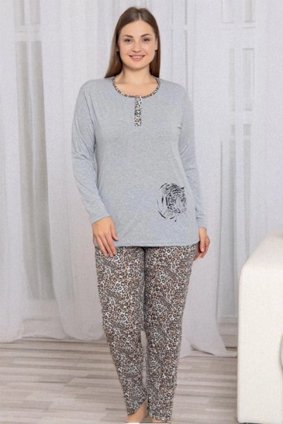 Royalfashion Pelēki sieviešu 2-daļu leoparda raksta pidžamas PLUS SIZE
