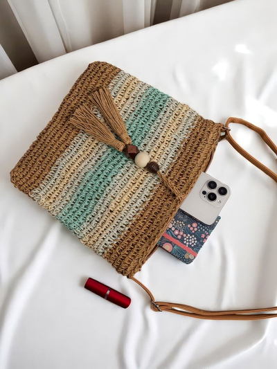 Royal Fashion Small Striped Straw Women's Bag with Charm
