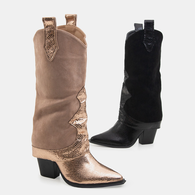 Black boots with a decorated upper a'la snake skin Wica- Footwear