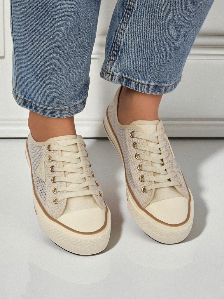 Aurelia Beige - women's fabric sneakers on a 3 cm flat sole