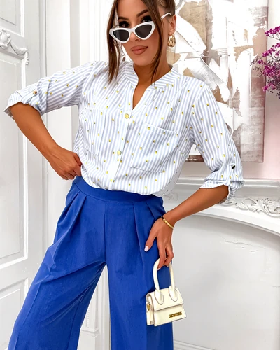 Royalfashion Sieviešu svītraina krekls ar citroniem un V-veida kakla izgriezumu