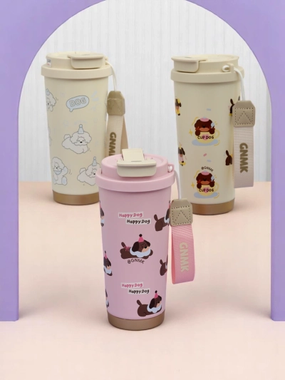 Royalfashion Thermal mug with a basket, straw, and spout Happy Dog