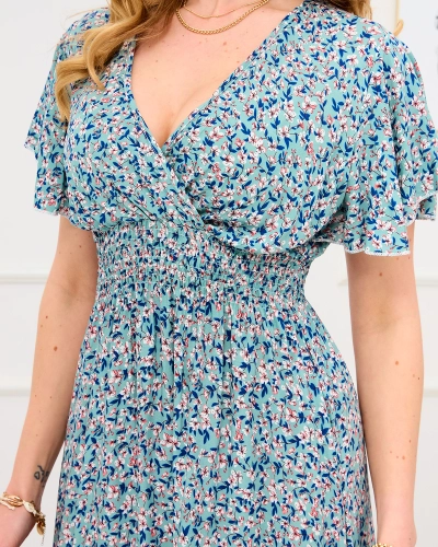 Green women's floral dress with envelope neckline - Clothing