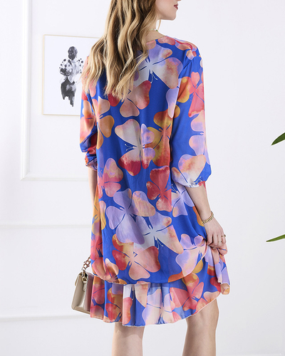 Royalfashion Tumši zila sieviešu kleita ar apdruku un volāniem