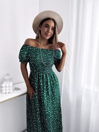 Зеленое женское платье-макси в горошек- Одежда