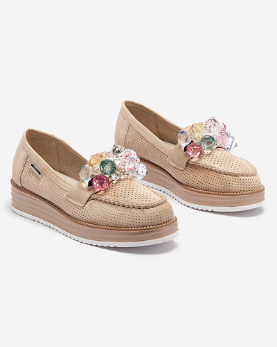 Light brown women's moccasins with decorative crystals Liscutio- Footwear