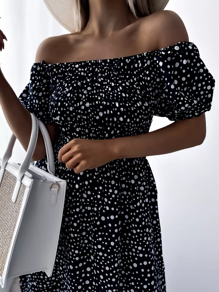 Темно-синее женское платье-макси в горошек- Одежда