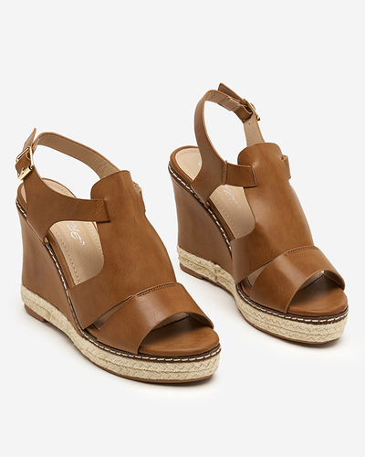 OUTLET Light brown women's sandals on a high wedge heel Clack - Footwear