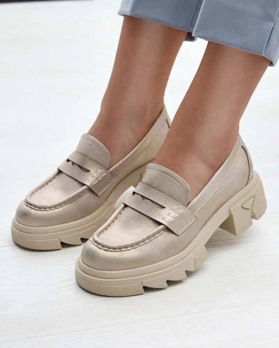 Gold women's eco leather moccasins Sepop- Footwear