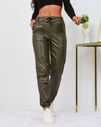Royalfashion Fleece-lined women's eco leather pants in green