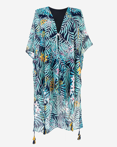 Navy blue and green women's pareo with leaves - Clothing