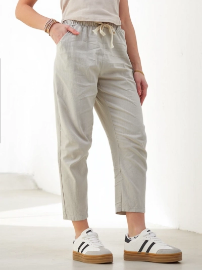 Royalfashion Cotton straight women's trousers with a tie at the waist