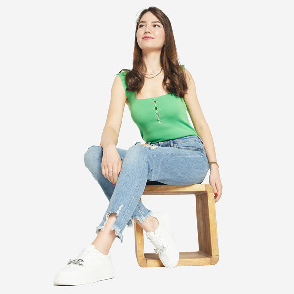 Women's green top with cubic zirconia a'la buttons- Clothing