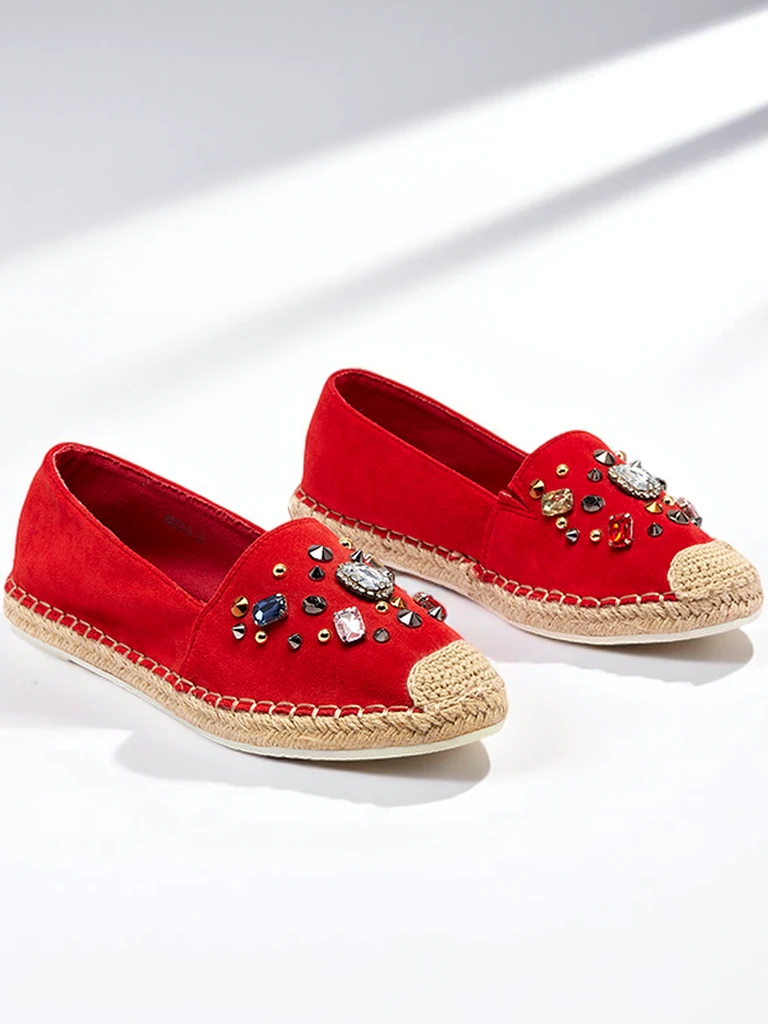 Red women's eco-suede espadrilles with cubic zirconias Mediros - Footwear