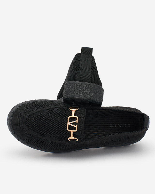 Royalfashion Черные женские мокасины из ткани с золотым украшением Ertica