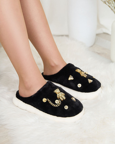 Royalfashion Black women's fur slippers with ornaments Erserra