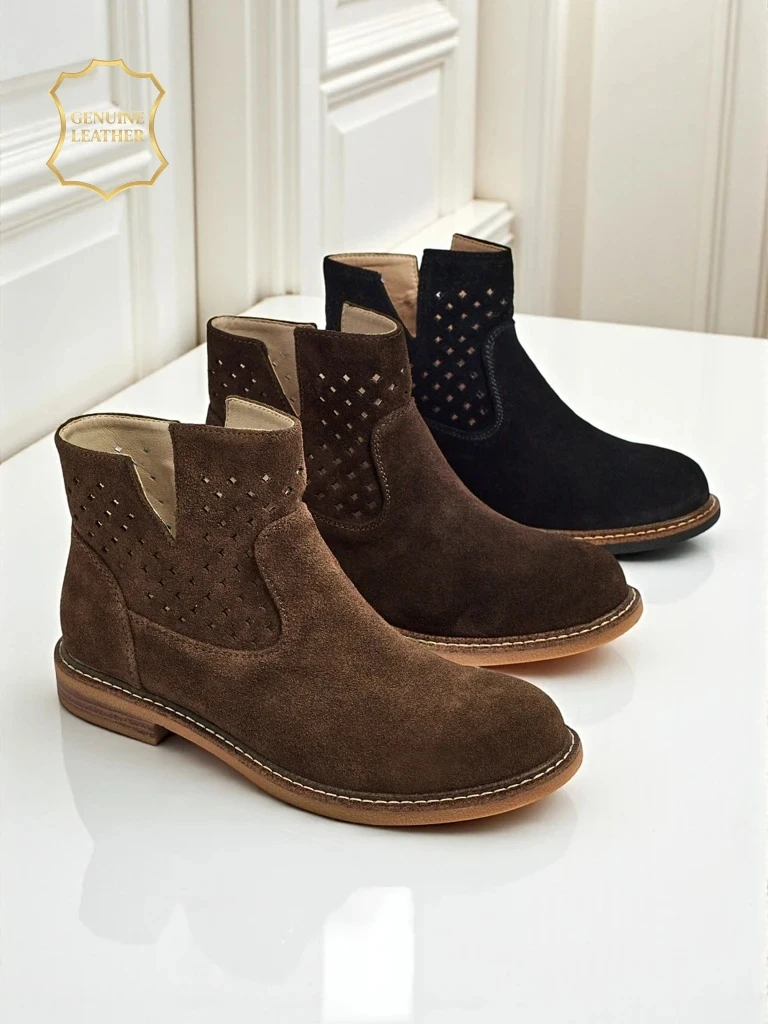 Ariadne ankle boots made of natural dark brown suede, flat 3 cm heels