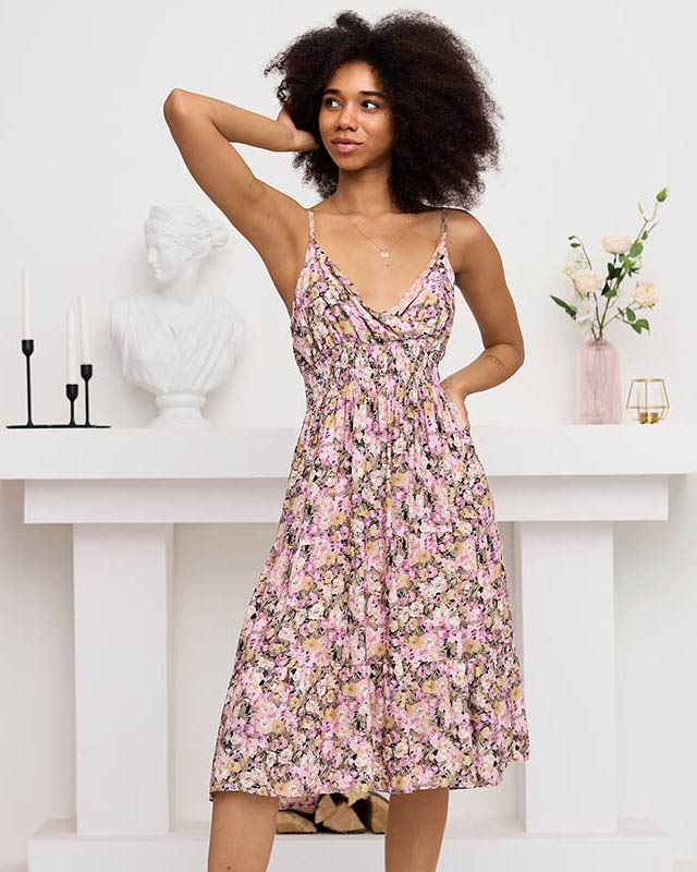 Pink and beige women's summer dress with flowers - Clothing