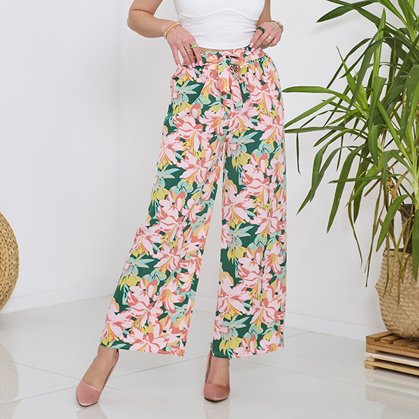 Women's green palazzo pants with pink flowers - Clothing