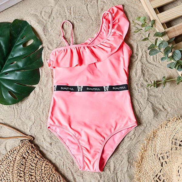 Women's pink one-piece swimsuit with a frill - Underwear