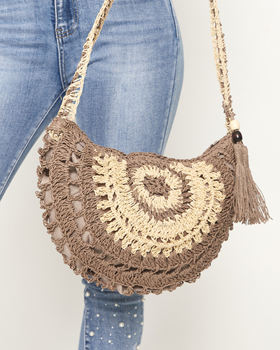 Ladies' dark brown straw bag with decorative fringes - Accessories