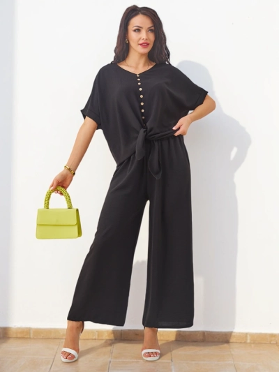 Royalfashion Women's casual set with a short-sleeve blouse and wide pants