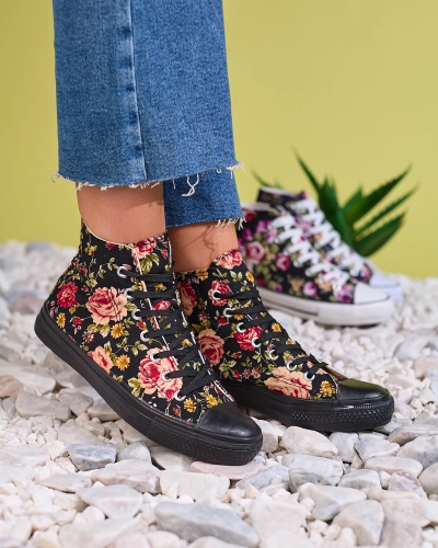 Royalfashion Sieviešu augstas melnas kedas ar ziedu apdruku Fahenna