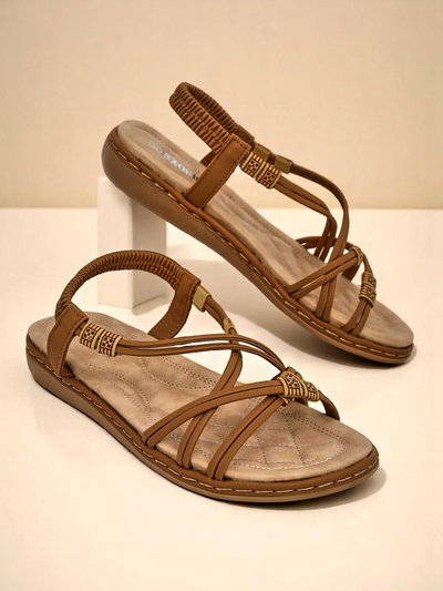 Sandały damskie Royalfashion Cressida camel płaski komfort skóra eco lato