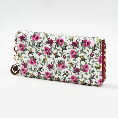 Large white women's wallet with a pink floral pattern - Accessories