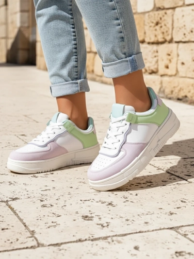 Lycaste beige women's sneakers made of ecological leather with a flat sole