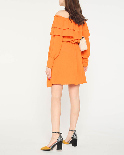 Women's Orange Short Dress with Ruffles- Clothing