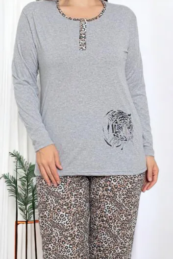 Royalfashion Pelēki sieviešu 2-daļu leoparda raksta pidžamas PLUS SIZE