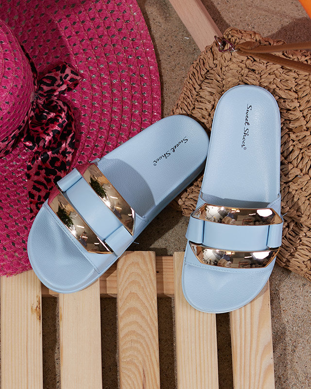 Blue women's slippers with golden Serina ornament - Footwear