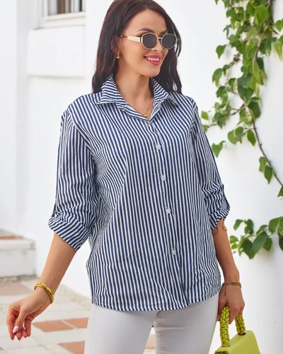 Royalfashion Cotton women's striped shirt with a tie at the bottom