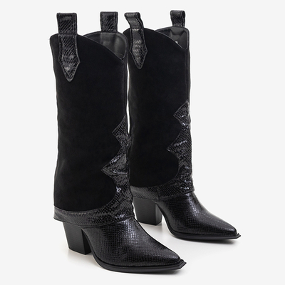 Black boots with a decorated upper a'la snake skin Wica- Footwear