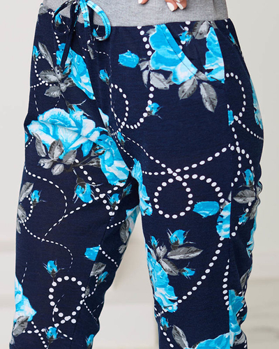 Navy blue women's 3/4 length shorts with blue flowers PLUS SIZE - Clothing
