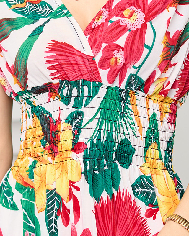 Short white dress with shoulder straps in a floral pattern - Clothing