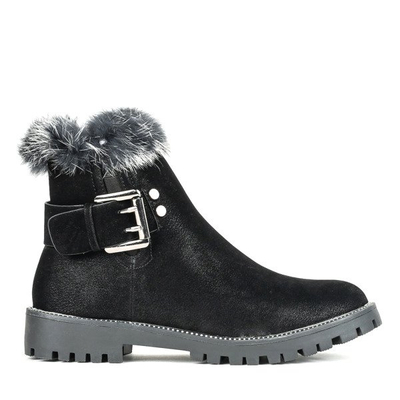 Czarne botki na płaskim obcasie z futerkiem Dalia - Obuwie