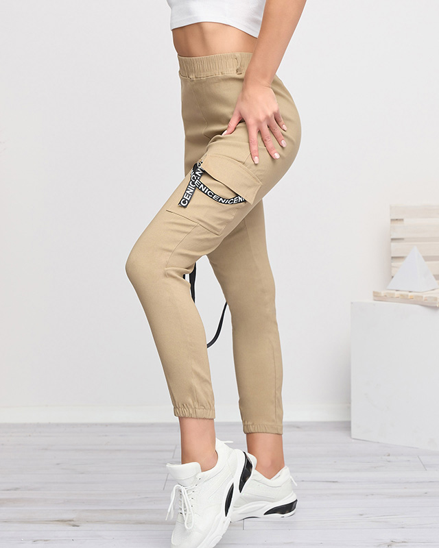 Beige women's cargo pants with a belt - Clothing
