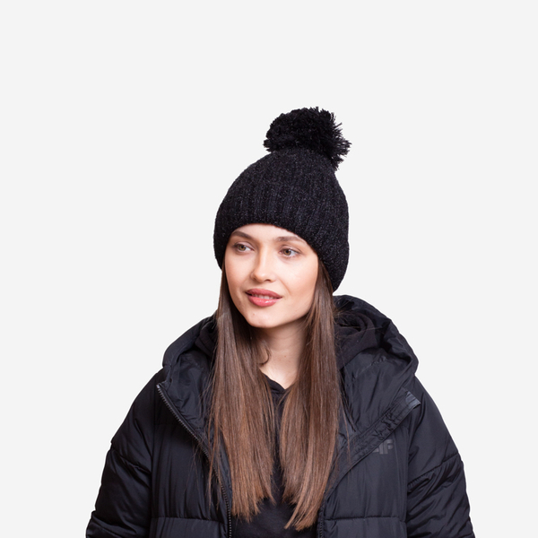 Black women's insulated glossy beanie with pompom - Accessories
