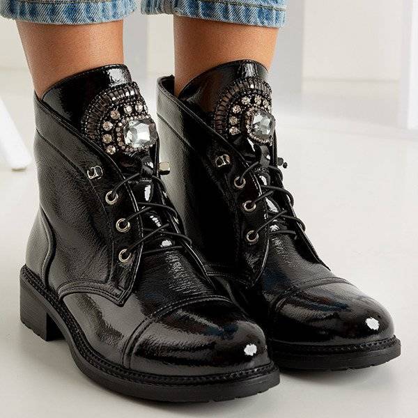 Black patent leather women's boots with Nissioe stones - Footwear