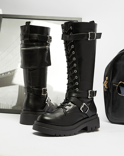 Black worker boots with decorative stripes on the upper. Imielin - Footwear