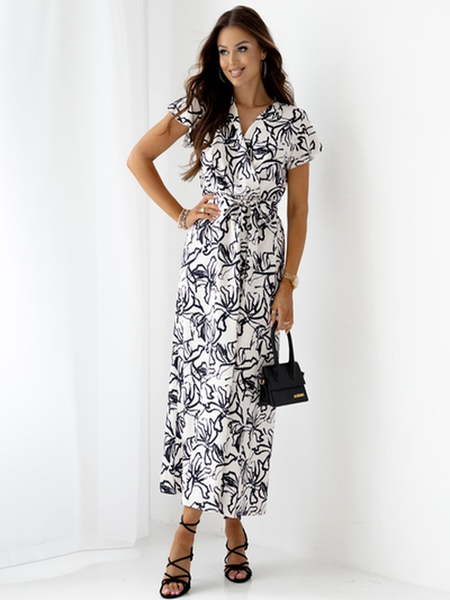 Royalfashion Patterned women's midi dress with short sleeves, a wrap neckline, and a belt