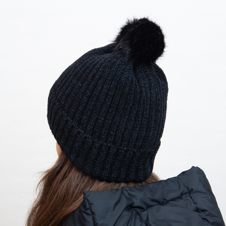 Black insulated beanie with white stripes and pompom - Accessories