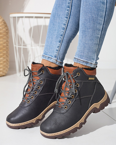 Black women's hiking boots tied with Poritsu fur - Footwear