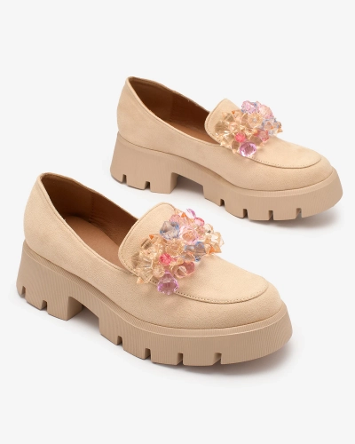 Royalfashion Bēšas krāsas sieviešu mokasīni ar krāsainiem kristāliem Crystal Glam