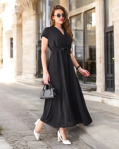 Royalfashion Women's midi dress with a wrap neckline, short sleeves, and a belt