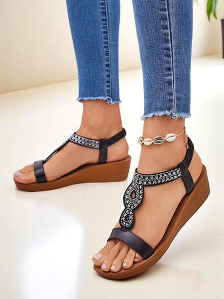 Sandaļi Ķīļi Perseida Royalfashion melni no eko-ādas ar kristāliem 4,5cm