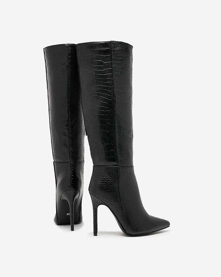 Royalfashion Melni sieviešu zābaki ar stiletto papēdi un reljefu Eleganti un eleganti